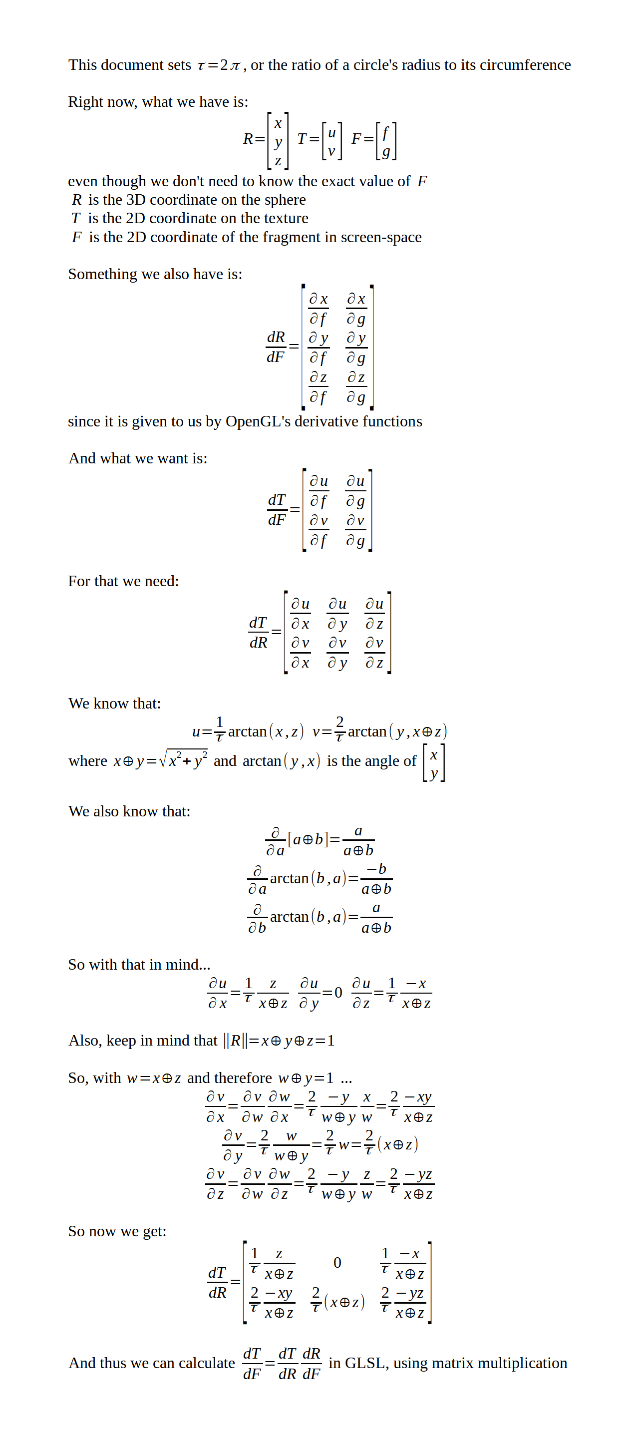 The math used to calculate the derivative of the 2D UV coordinate with respect to the 3D sphere coordinate